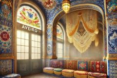 DALL·E-2025-06-30-20.33.44-Photorealistic-surreal-interior-scene-of-the-Aveiro-Railway-Station-imagined-in-the-style-of-Milic-of-Macva.-The-inside-walls-are-covered-in-intricate