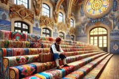 DALL·E-2025-06-30-20.34.15-Photorealistic-surreal-interior-of-the-Aveiro-Railway-Station-in-the-style-of-Milic-of-Macva.-The-benches-inside-the-station-are-transformed-into-larg