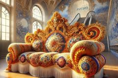 DALL·E-2025-06-30-20.34.40-Photorealistic-surreal-scene-inside-the-Aveiro-Railway-Station-inspired-by-Milic-of-Macva.-The-image-shows-a-full-view-of-an-ornate-folkloric-sofa-th