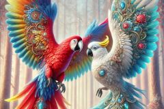 DALL·E-2025-09-20-16.07.40-An-ultra-hyperrealistic-vertical-close-up-of-two-different-species-of-fantastical-parrots-flying-side-by-side-in-a-magical-forest.-One-is-a-vibrant-sc