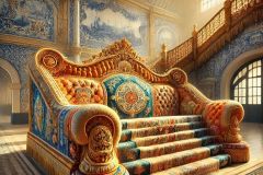 DALL·E-2025-06-30-20.34.38-Photorealistic-surreal-scene-inside-the-Aveiro-Railway-Station-inspired-by-Milic-of-Macva.-The-image-shows-a-full-view-of-an-ornate-folkloric-sofa-th