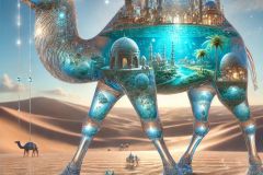 DALL·E-2025-07-01-20.11.46-An-extreme-close-up-photorealistic-image-of-a-magical-camel-made-entirely-of-transparent-glass-walking-through-a-bright-desert.-Inside-the-glass-bod