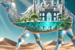 DALL·E-2025-07-01-20.11.49-An-extreme-close-up-photorealistic-image-of-a-magical-camel-made-entirely-of-transparent-glass-walking-through-a-bright-desert.-Inside-the-glass-bod