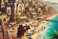 DALL·E-2025-07-01-20.11.57-A-photorealistic-highly-detailed-and-colorful-summer-scene-showing-a-seaside-city-with-a-beach-under-bright-daylight.-The-vibrant-city-is-built-alon