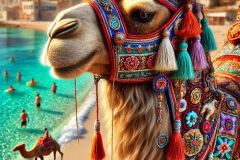 DALL·E-2025-07-01-20.12.00-An-extreme-close-up-photorealistic-and-colorful-summer-scene-at-a-beach-in-a-seaside-city.-The-focus-is-on-a-detailed-ornamented-camel-standing-on-t