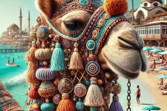 DALL·E-2025-07-01-20.12.09-An-extreme-close-up-photorealistic-and-colorful-summer-beach-scene-featuring-a-beautifully-adorned-camel.-The-camels-head-and-upper-body-are-in-focu