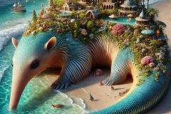 DALL·E-2025-07-01-20.13.12-An-extreme-close-up-photorealistic-image-of-a-surreal-marine-creature-resembling-an-anteater-resting-on-a-beach-in-daylight-with-an-entire-miniatur