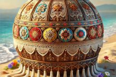DALL·E-2025-07-01-20.20.22-Photorealistic-surreal-image-of-a-richly-decorated-folkloric-spherical-sofa-placed-on-a-sunny-beach-inspired-by-Milic-of-Macva.-The-ball-shaped-sofa-