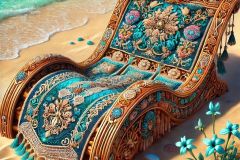 DALL·E-2025-07-01-20.20.30-Extreme-close-up-photorealistic-surreal-image-of-two-folkloric-beach-loungers-on-a-sunny-beach-inspired-by-Milic-of-Macva.-The-loungers-are-richly-d