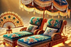 DALL·E-2025-07-01-20.20.34-Extreme-close-up-photorealistic-surreal-image-of-two-folkloric-beach-loungers-on-a-sunny-beach-inspired-by-Milic-of-Macva.-The-loungers-are-upholste