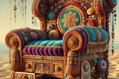 DALL·E-2025-07-01-20.21.15-Extreme-close-up-photorealistic-surreal-image-of-a-richly-decorated-folkloric-beach-armchair-placed-on-golden-sand-inspired-by-Milic-of-Macva.-The-a