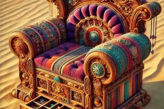 DALL·E-2025-07-01-20.21.16-Extreme-close-up-photorealistic-surreal-image-of-a-richly-decorated-folkloric-beach-armchair-placed-on-golden-sand-inspired-by-Milic-of-Macva.-The-a