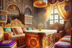 DALL·E-2025-07-01-20.21.19-Photorealistic-surreal-interior-scene-inspired-by-Milic-of-Macva.-Inside-a-beautifully-decorated-folkloric-room-a-richly-carved-wooden-table-stands-a