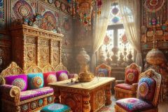 DALL·E-2025-07-01-20.21.20-Photorealistic-surreal-interior-scene-inspired-by-Milic-of-Macva.-Inside-a-beautifully-decorated-folkloric-room-a-richly-carved-wooden-table-stands-a