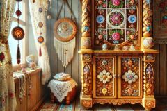 DALL·E-2025-07-01-20.21.28-Extreme-close-up-photorealistic-surreal-interior-inspired-by-Milic-of-Macva.-A-whimsical-corner-of-a-folkloric-room-features-a-carved-wooden-cabinet-