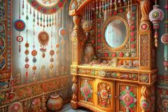DALL·E-2025-07-01-20.21.30-Extreme-close-up-photorealistic-surreal-interior-inspired-by-Milic-of-Macva.-A-whimsical-corner-of-a-folkloric-room-features-a-carved-wooden-cabinet-