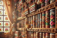 DALL·E-2025-07-01-20.21.38-Extreme-close-up-photorealistic-surreal-interior-inspired-by-Milic-of-Macva.-A-richly-detailed-section-of-a-large-folkloric-library.-Wooden-bookshelv
