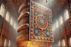 DALL·E-2025-07-01-20.22.14-Photorealistic-surreal-image-of-an-enormous-upright-folkloric-book-standing-in-the-center-of-a-large-dimly-lit-hall-inspired-by-Milic-of-Macva.-The-