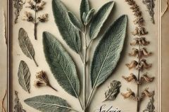 DALL·E-2025-07-02-20.22.55-A-close-up-photorealistic-herbarium-page-featuring-dried-sage-Salvia-officinalis.-The-sage-plant-is-carefully-pressed-and-mounted-on-handmade-slig