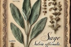 DALL·E-2025-07-02-20.22.57-A-close-up-photorealistic-herbarium-page-featuring-dried-sage-Salvia-officinalis.-The-sage-plant-is-carefully-pressed-and-mounted-on-handmade-slig