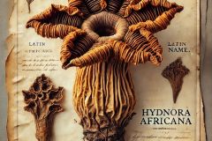 DALL·E-2025-07-02-20.23.51-A-photorealistic-close-up-herbarium-page-featuring-the-real-and-bizarre-plant-Hydnora-africana.-The-dried-specimen-is-carefully-pressed-and-mounted-o