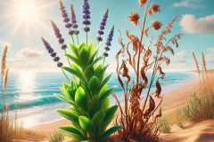 DALL·E-2025-07-02-20.24.10-A-photorealistic-and-symbolic-summer-daytime-scene-showing-two-contrasting-plants-on-a-remote-beach.-One-plant-is-vibrant-and-green-like-fresh-sage-o