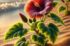 DALL·E-2025-07-02-20.24.20-An-ultra-detailed-photorealistic-close-up-of-a-beautiful-flowering-plant-growing-in-golden-sand-on-a-beach.-The-plant-has-lush-green-leaves-with-visi