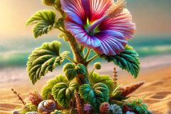 DALL·E-2025-07-02-20.24.23-An-ultra-detailed-photorealistic-close-up-of-a-vibrant-flowering-plant-on-a-summer-beach.-The-plant-has-richly-textured-veined-green-leaves-and-a-ra
