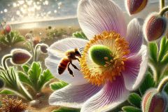 DALL·E-2025-07-02-20.24.27-An-ultra-detailed-photorealistic-close-up-of-a-blooming-coastal-flower-on-a-sunny-beach-with-a-beautiful-bee-landing-on-one-of-its-petals.-The-flowe