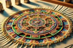 DALL·E-2025-07-02-20.24.41-A-photorealistic-side-angle-view-of-a-Tibetan-sand-mandala-in-progress.-The-mandala-is-made-of-vibrantly-colored-sand-grains-forming-intricate-geome