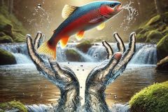 DALL·E-2025-07-02-20.25.14-A-photorealistic-and-symbolic-scene-showing-a-beautiful-fish-leaping-from-a-clear-stream-where-the-splash-and-water-around-it-form-the-gentle-shape-o