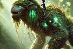 DALL·E-2025-07-02-20.25.41-A-photorealistic-ultra-detailed-close-up-of-a-large-majestic-cyberpet-—-a-fantastical-hybrid-of-plant-and-animal-—-being-gently-ridden-by-a-small-ch