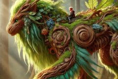 DALL·E-2025-07-02-20.25.45-An-ultra-detailed-photorealistic-close-up-of-a-large-majestic-creature-—-a-fantastical-hybrid-of-plant-and-animal-—-being-ridden-by-a-small-child-du