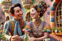 DALL·E-2025-07-18-22.38.39-A-photorealistic-whimsical-close-up-of-a-joyful-couple-sitting-at-a-colorful-outdoor-cafe-in-a-fairy-tale-village.-They-are-smiling-and-chatting-wea