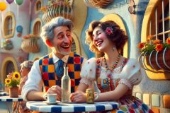 DALL·E-2025-07-18-22.38.48-A-photorealistic-whimsical-close-up-of-a-joyful-couple-sitting-at-a-colorful-outdoor-cafe-in-a-fairy-tale-village.-They-are-smiling-and-chatting-wea