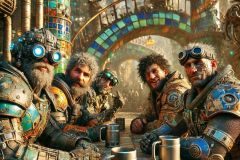 DALL·E-2025-07-18-22.40.03-A-photorealistic-close-up-of-two-armored-post-apocalyptic-soldiers-and-two-rugged-scavengers-sitting-in-a-colorful-sci-fi-cafe-made-of-salvaged-metal