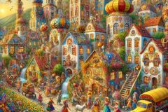 DALL·E-2025-07-18-22.41.29-A-vivid-photorealistic-and-whimsical-daytime-scene-in-a-fantastical-village-inspired-by-Hundertwasser-and-Milic-od-Macve-overflowing-with-color-and-