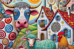 DALL·E-2025-07-19-22.03.36-Close-up-view-of-colorful-farm-animals-in-a-village-painted-in-the-expressive-style-of-Friedensreich-Hundertwasser.-The-scene-includes-a-cow-with-red
