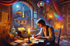 DALL·E-2025-08-28-20.34.06-Ultra-photorealistic-hyper-detailed-cinematic-scene-of-a-young-man-sitting-at-a-wooden-desk-in-a-dimly-lit-room-in-Mostar.-A-single-candle-burns-besi