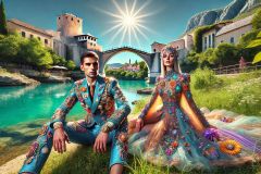 DALL·E-2025-08-28-20.34.42-Ultra-photorealistic-hyper-detailed-summer-daytime-scene-by-the-Neretva-river-in-Mostar.-A-modern-young-man-and-woman-sit-together-on-the-grassy-bank