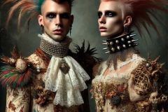 DALL·E-2025-10-11-00.33.54-An-ultra-hyperrealistic-vertical-surreal-portrait-of-a-baroque-punk-couple-standing-together.-The-man-has-a-flamboyant-feather-and-jewel-mohawk-weari