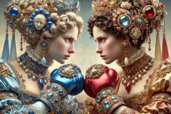 DALL·E-2025-10-11-00.35.14-An-ultra-hyperrealistic-horizontal-surreal-scene-in-Mary-Ooms-style-showing-two-baroque-women-fighting-in-a-Tekken-like-duel.-One-wears-a-blue-toned-