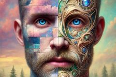 DALL·E-2025-10-11-00.37.34-An-ultra-hyperrealistic-vertical-surreal-close-up-portrait-of-a-single-man-whose-face-blends-three-artistic-styles-into-one.-One-part-of-his-face-show