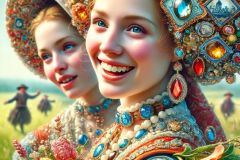 DALL·E-2025-10-11-00.38.30-An-ultra-hyperrealistic-vertical-extreme-close-up-summer-scene-in-Mary-Ooms-style-showing-two-villagers-faces-as-they-dance-a-traditional-folk-dance