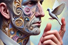 DALL·E-2025-10-11-00.40.02-An-ultra-hyperrealistic-vertical-surreal-close-up-of-a-man-whose-face-is-divided-into-three-seamlessly-blended-artistic-styles.-One-part-of-the-face-i