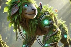 DALL·E-2025-07-02-20.25.39-A-photorealistic-ultra-detailed-close-up-of-a-large-majestic-cyberpet-—-a-fantastical-hybrid-of-plant-and-animal-—-being-gently-ridden-by-a-small-ch