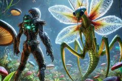 DALL·E-2025-07-02-20.27.02-A-photorealistic-ultra-detailed-scene-of-a-tense-standoff-between-a-dangerous-looking-humanoid-alien-and-a-massive-alien-carnivorous-plant.-The-human