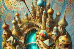 DALL·E-2025-07-11-21.28.20-A-photorealistic-ultra-close-up-and-highly-detailed-image-showing-a-section-of-the-vibrant-miniature-city-built-on-top-of-a-giant-umbrella.-The-scene