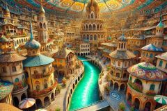 DALL·E-2025-07-11-21.28.23-A-photorealistic-ultra-close-up-and-highly-detailed-image-showing-a-section-of-the-vibrant-miniature-city-built-on-top-of-a-giant-umbrella.-The-scene