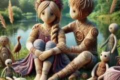 DALL·E-2025-07-11-21.28.32-A-photorealistic-ultra-close-up-and-highly-detailed-image-of-a-surreal-woven-girl-and-boy-sitting-together-on-lush-grass-near-a-peaceful-lake.-Their-